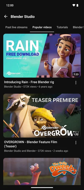 The Blender Studio channel page, with its sections as tabs
