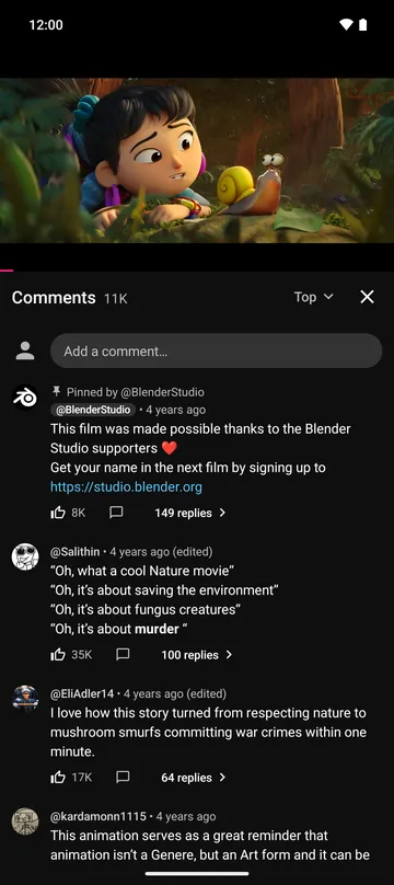 The comments panel open under the video, sorted by Top