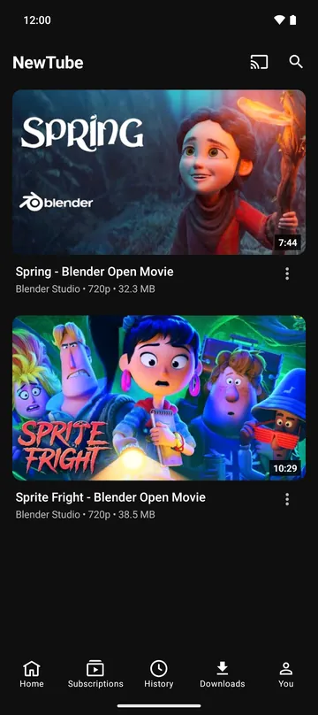 The Downloads tab listing videos saved for offline, with their quality and size