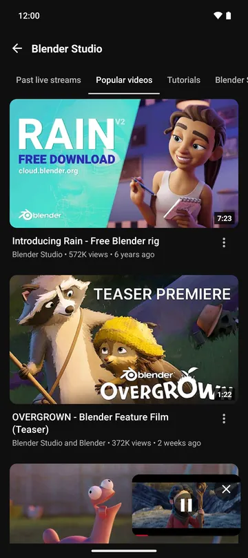 The mini-player playing over the Blender Studio channel page