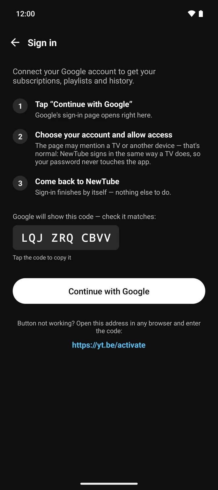 The NewTube sign-in screen: three steps, a code to match, and a Continue with Google button
