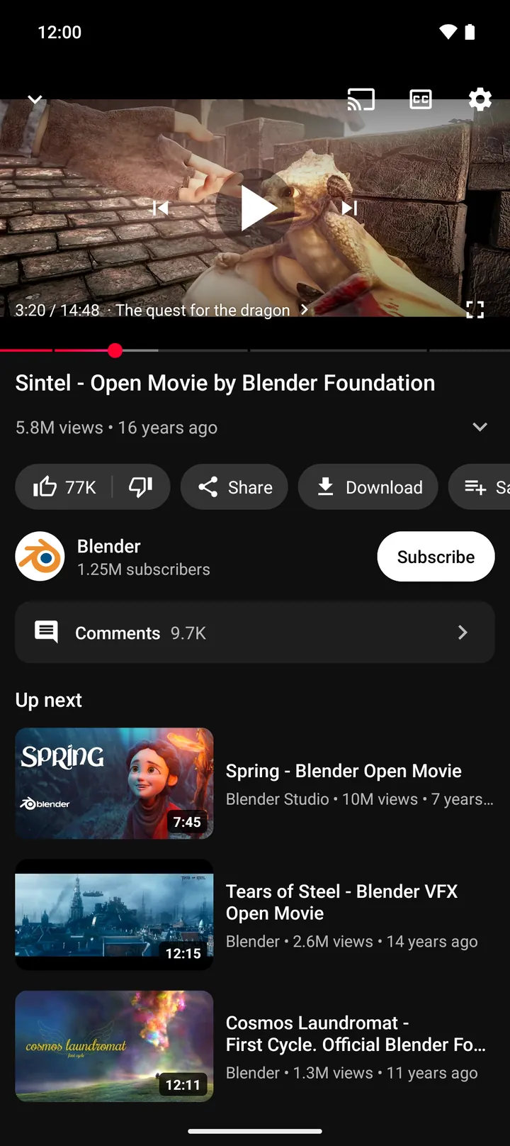 The NewTube watch page playing Sintel, with chapters on the seek bar and a Download button under the video